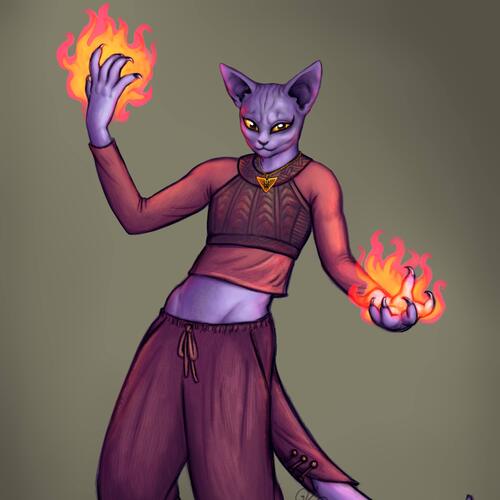 Grave domain Tabaxi cleric holding Sacred Flames, D&D character design
